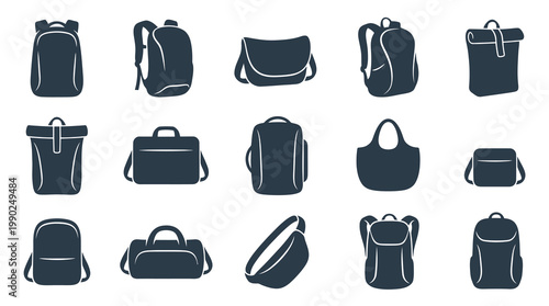 Set of various dark blue bag icons, glyph art style