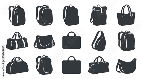 Black and White Glyph Icons of Various Bags and Backpacks