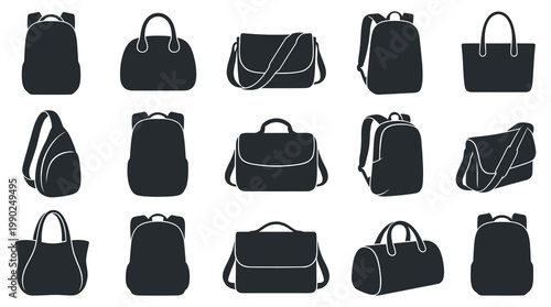 Black Backpacks and Bags Icons, Vector Set - Accessories Collection