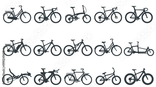 Black and White Line Art Silhouettes of Various Bicycle Types