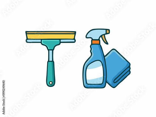 Window cleaning tools set with squeegee, spray bottle and microfiber cloth icon illustration