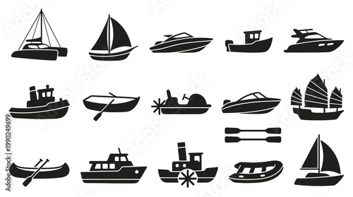 Nautical Marine Water Transport Boat and Ship Silhouette Icons Set