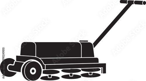 Black and white silhouette of a floor buffer machine with a long handle and circular scrubbing pads