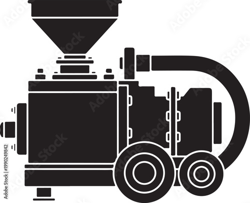 Black and white silhouette of an industrial meat grinder or food processing machine with a hopper and side hose