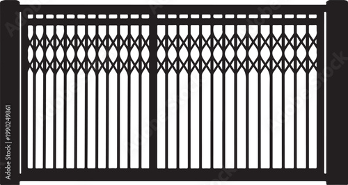 Black metal gate with decorative lattice pattern and vertical bars, isolated on white background