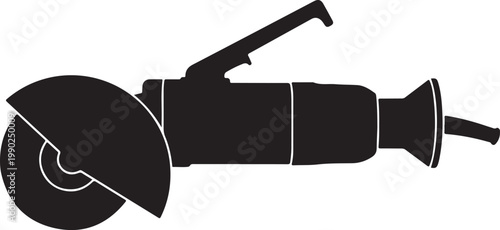 Black silhouette of an angle grinder power tool with a circular cutting disc and handle, isolated on a white background