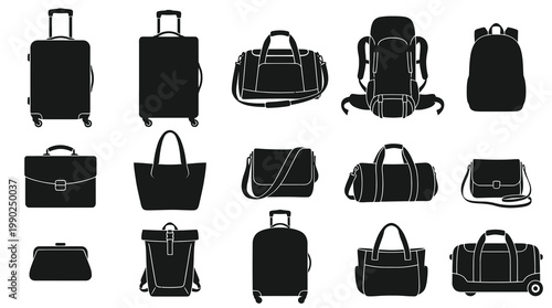 Travel and Fashion Bags and Luggage Black and White Silhouette Icons Set