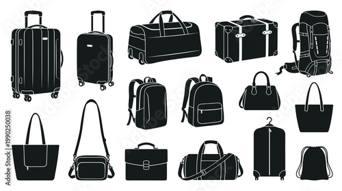 Travel Luggage and Bags Black White Glyph Icons Set  Suitcases, Backpacks, Handbags Silhouette