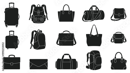 Travel Luggage and Fashion Bags Black Silhouette Glyph Icons Set
