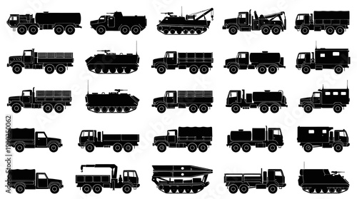 Military Vehicles Silhouette Vector Glyphs - Army Trucks, Tanks  Specialized Transport