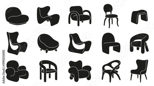 Set of Black Modern Armchairs and Stools, Vector Icons, Minimalist Style