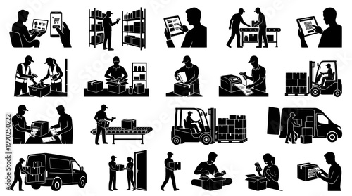 Warehouse Logistics Icons: Shipping, Delivery, and Storage Stock Vector Graphics