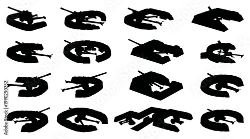 Defense Industry Tank Turret and Armored Vehicle Silhouette Glyph Icons Set