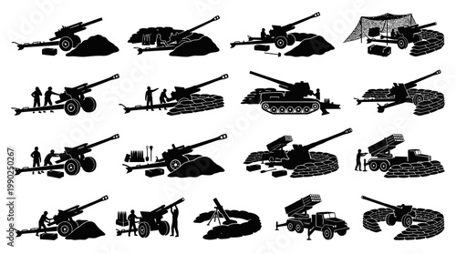 Military Artillery and Rocket Launchers Silhouette Set