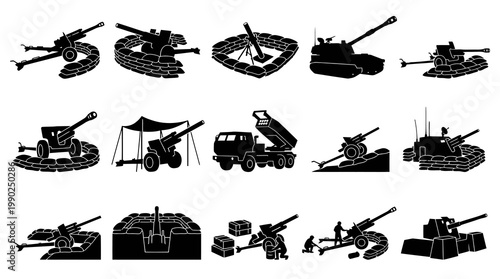 Military Artillery Weapons Silhouette Icon Set - Army Combat Defense Equipment Vector Glyph