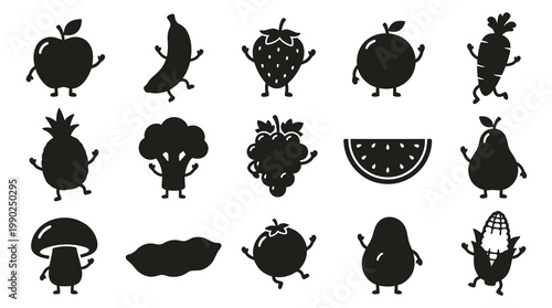 Black  White Cartoon Food Icons: Funny Fruits and Vegetables Glyph Set