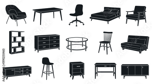 Black Glyph Icons: Modern Home Furniture Set for Interior Design, Living Room, Bedroom, Office