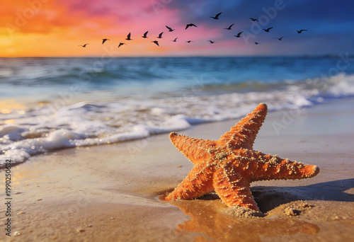 Orange starfish on sandy beach at sunset with birds flying overhead