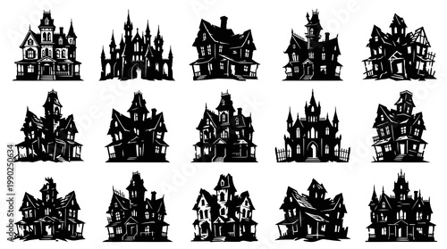 Halloween Haunted Houses Black and White Silhouette Vector Set