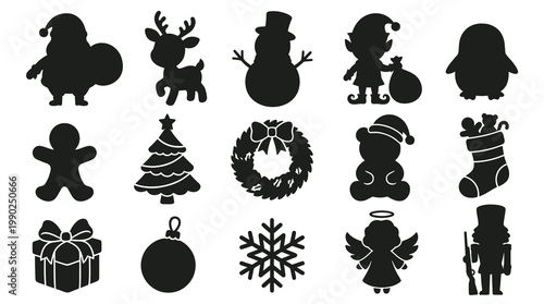 Black Christmas Holiday Silhouette Glyphs Icon Set - Festive Characters  Elements