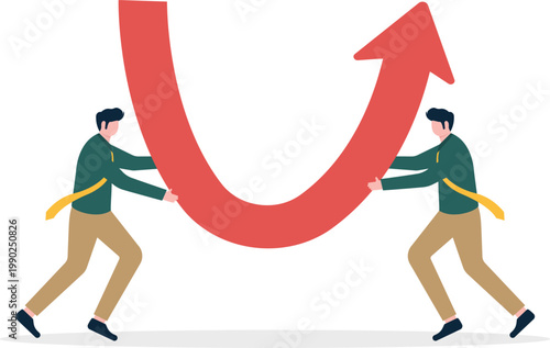 Two professionals struggling to fix a curved red arrow