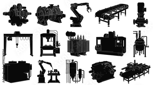 Industrial Manufacturing Machinery  Factory Equipment Icons Set - Black  White Silhouette Vector