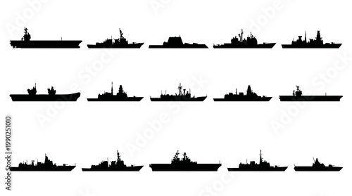 Modern Military Navy Warships and Naval Vessels Silhouette Vector Icon Set for Defense Operations