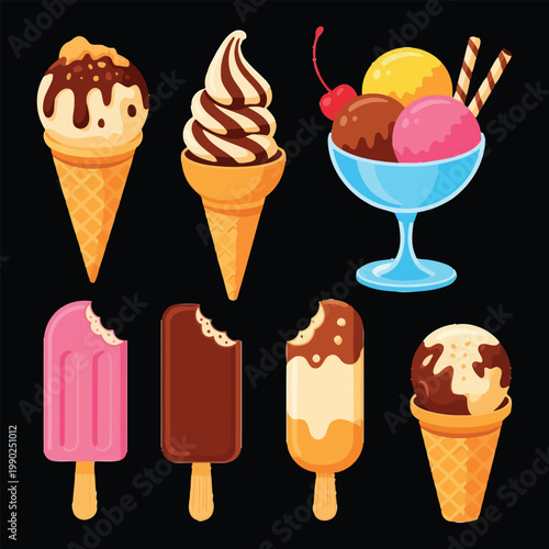 Cute Cartoon Ice Cream Cones Popsicles and Ice Cream Sundae in Bright Colors Vector Clipart