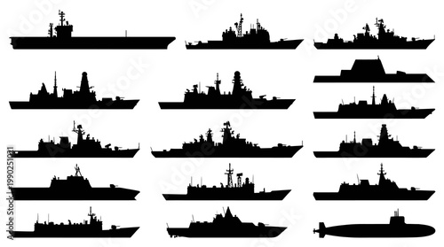 Military Navy Warships and Submarines Silhouette Set Vector Glyphs
