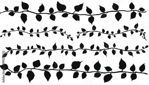 Vines featuring intricate leaf patterns are depicted in this set of black silhouettes, providing a decorative border element that is suitable for natural, organic, and elegant design compositions.