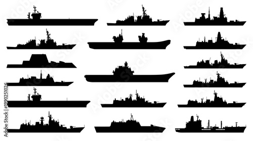 Black  White Silhouette Vector of Various Military Warships and Aircraft Carrier