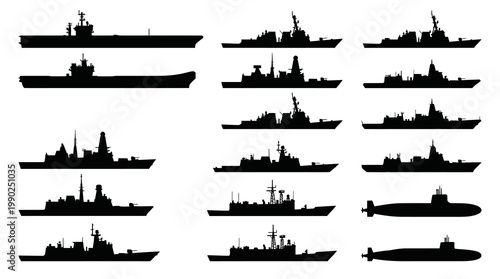 Set of Warships and Submarines Silhouettes in Black and White