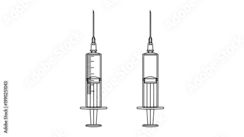 Vector line art illustration of two medical syringes, one with precise measurement markings and partially filled, the other empty, symbolizing healthcare and medical procedures.