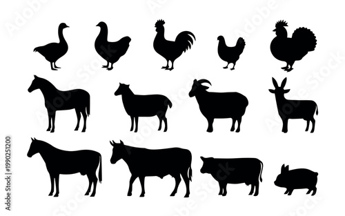 A collection of black silhouettes of various farm and domesticated animals, including fowl, livestock, and a pig, depicted on a white background.