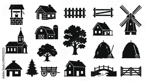 Rural Farm and Village Glyph Icons Set - Countryside Agriculture Silhouette Elements