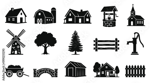 Black and White Vector Icons of Farm and Rural Buildings, Objects, and Scenery
