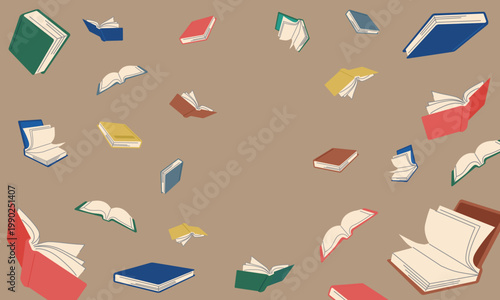 レトロな配色の本と書籍と紙ページがランダムにたくさん舞う背景ベクターフレーム余白有り
