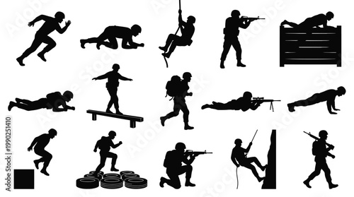 Military Army Training Soldiers Exercises Silhouette Set Vector Collection