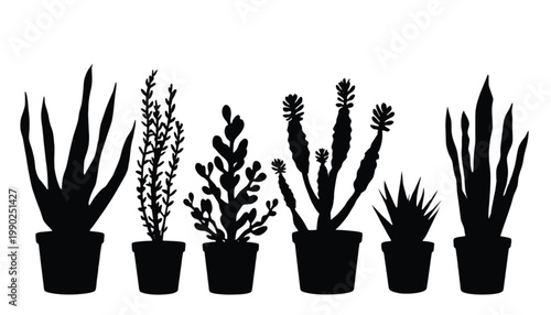 Succulents presented in a series of dark silhouettes offer a versatile design resource for projects requiring minimalist botanical elements with generous copy space for professional layout needs.