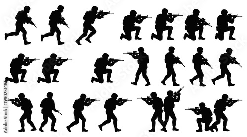 Military Soldier Silhouettes Vector Collection: Army, Combat, Defense Poses