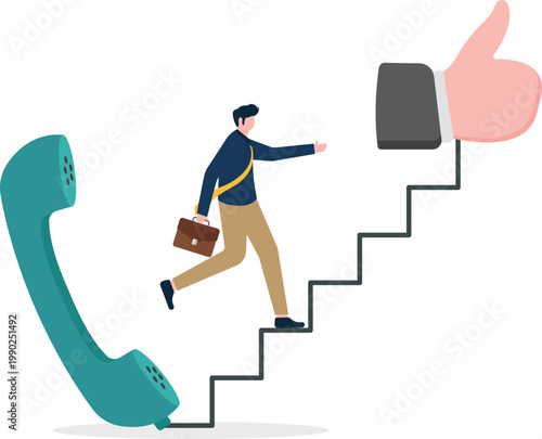 Professional climbing stairs on a phone towards a thumbs up