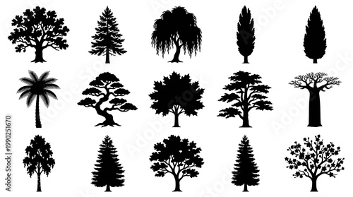 Silhouette Collection of Diverse Tree Species Vector Icons Black and White Art