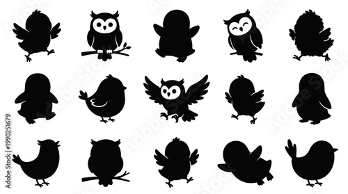 Black Silhouette Cute Cartoon Birds and Owls Vector Set
