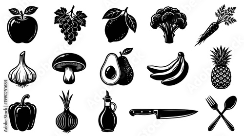 Black  White Food Icons: Fruits, Vegetables, Utensils - Vector Art