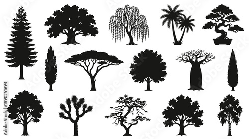Black  White Silhouette Collection of Diverse Tree Types, Nature Art