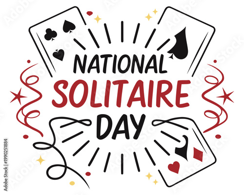 National Solitaire Day Cartoon Vector Illustration, Classic Card Game Concept Design
