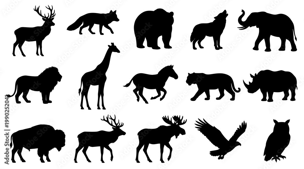 Fototapeta premium Black Silhouette Animals Vector Set - Wildlife Nature Icons