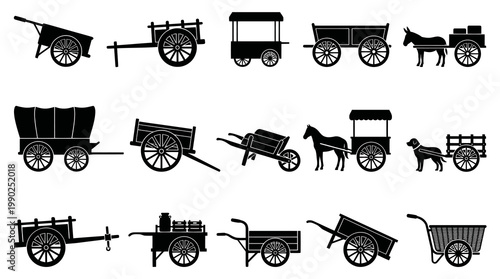 Black and White Silhouette of Various Horse-Drawn Carts and Wagons