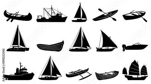 Vector Collection of Diverse Boats, Sailboats, Kayaks, Canoes and Ships