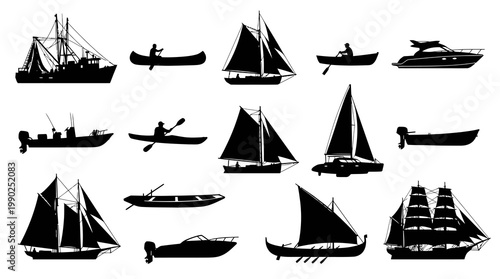 Black  White Silhouettes of Various Sailboats and Boats